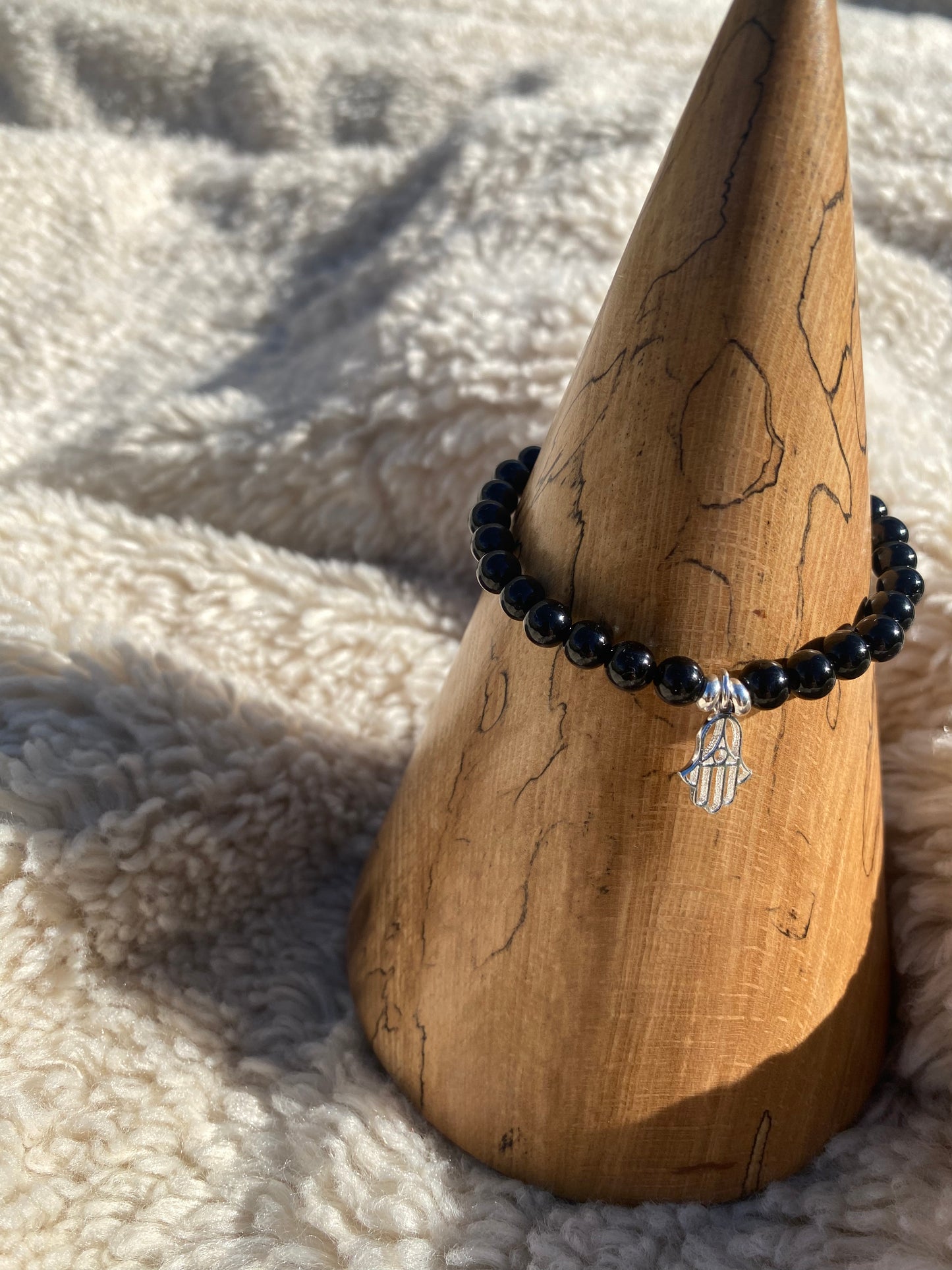 8mm Black Agate with Hamsa Charm